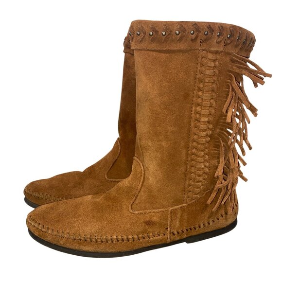 Minnetonka Womens Fringed soft Suede Moccasin Boots Size 8 boho western tribal - Picture 1 of 12